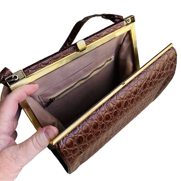 Vintage Lennox Moc Croc Purse Textured Leather Pocketbook Shoulderbag Brown Gold - Picture 11 of 12